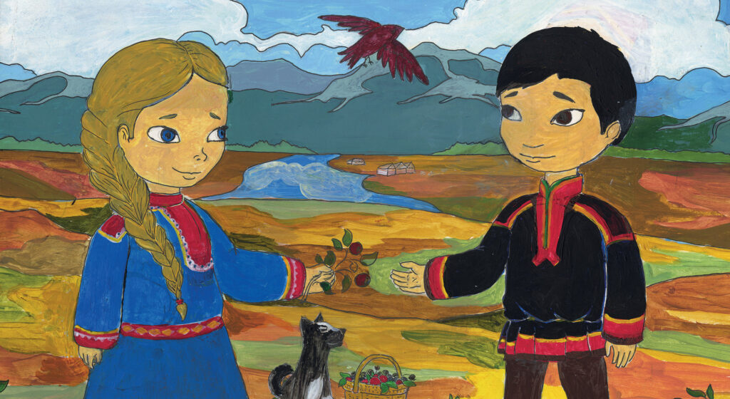 Illustrasjon fra boken "Eventyr i Sapmi", to barn ser på hverandre og smiler.